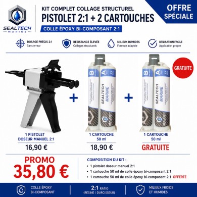 PROMO. 2 seringues de colle époxy milieux humides + pistolet applicateur.