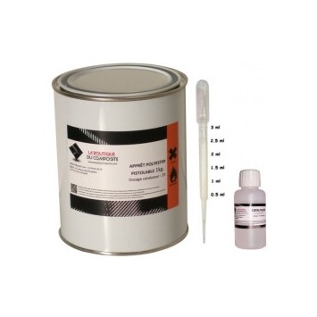 Apprêt polyester de finition, application spatule ou pistolet.