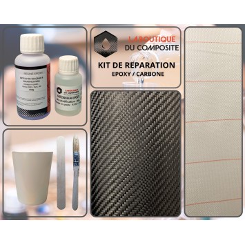 Kit de réparation résine époxy, carbone, sergé verre et tissu d'arrachage.