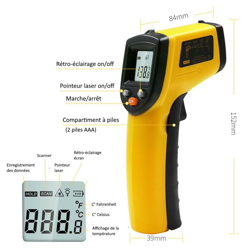 Thermomètre digital - Infrarouge - Laser simple / Thermomètre